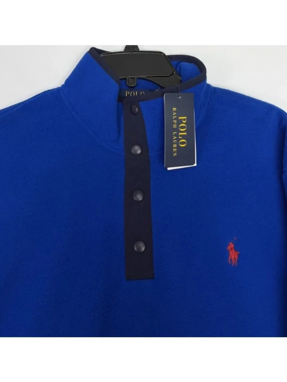 Polo Ralph Lauren Men's L Large Fleece Pullover Mock Neck Blue Snap Jacket New